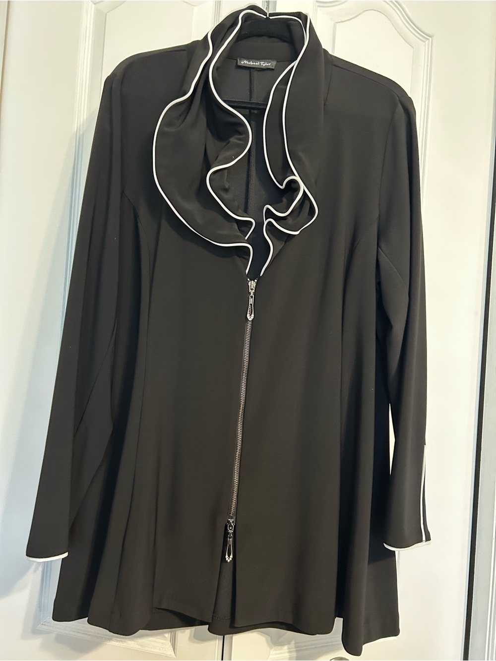 Michael Tyler Black Ruffle-Trim Zip Front Jacket with White Piping